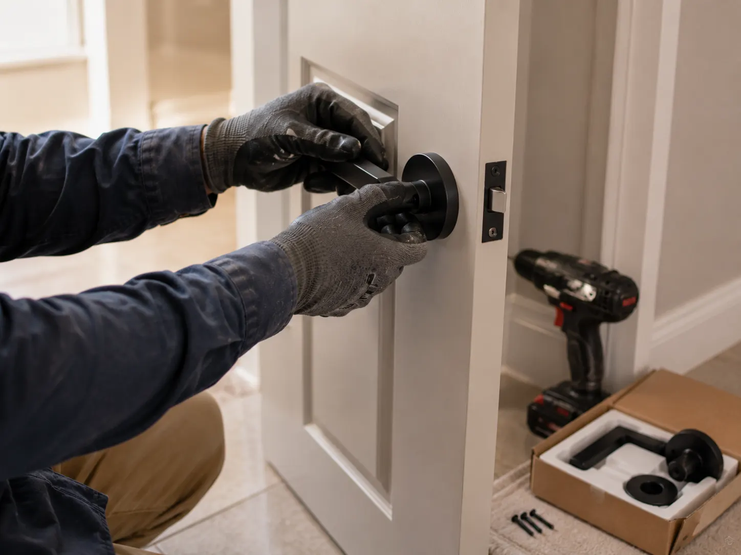 New matte-black door hardware being fitted during a turnover
